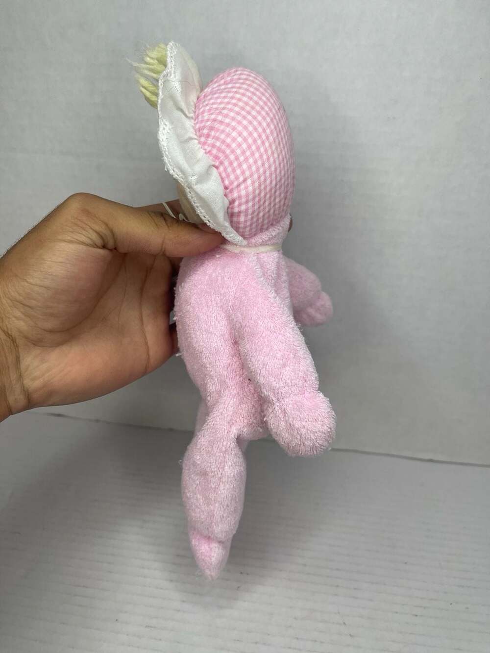 Vintage Eden Toys Pink Plush Terry Cloth Doll w/ Gingham Bonnet - Picture 3 of 6